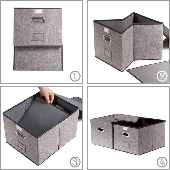 PRANDOM File Organizer Box - Set of 4 Collapsible Decorative Linen Filing Storage Hanging File Folders with Lids Office Cabinet Letter Size (15x12.2x10.75 inch)