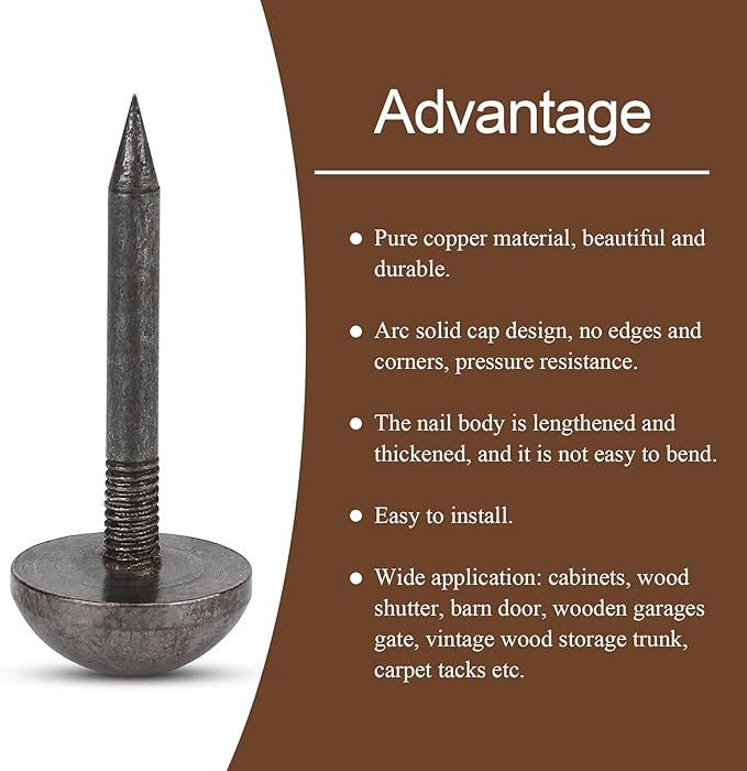 Retro Solid Pure Brass Tacks as Antique Upholstery Nails for Furniture, Decorative Push Pins for Wood,Carpet Tacks,Hardware Tacks,Cap Nails,Thumb Tacks，Brass Fasteners(1/2",12mm Black Color,20 Pcs)