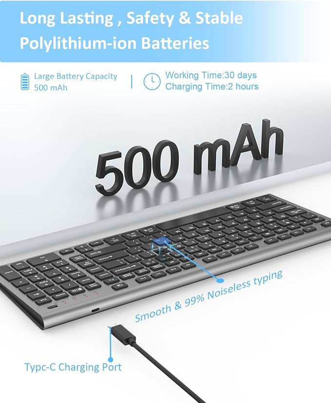 FENIFOX Wireless Keyboard, Bluetooth + USB Ergonomic Silent Quiet Rechargeable with Number Pad Compact Full Size Multi Device Keyboards for iPad Tablet Mac Computer Surface PC MacBook Laptop Blcak