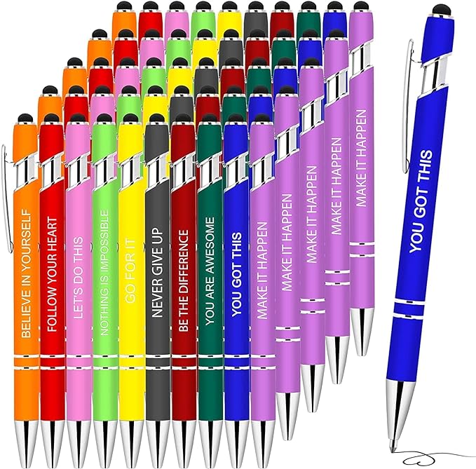 50 Pieces Inspirational Pens, Motivational Ballpoint Pen with Stylus Tip Funny Ink Pens Bulk Inspirational Gifts for Women Coworkers Office Supplies Black Ink