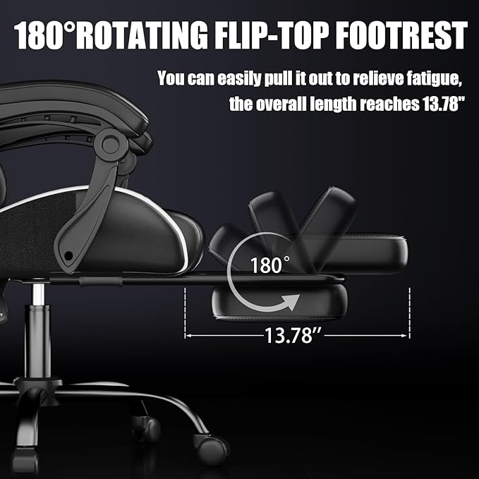 Gaming Chair, Ergonomic Office Computer Chair with Footrest and Lumbar Support Massager Racing Style High Back Video Gamer Chair, Wide＆Thick Cushion, 90°-135° Recline, Adjustable Height, White