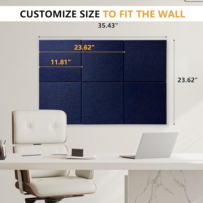 Thick Cork Board for Wall with Pins, 36" x 24" Bulletin Board Self-Adhesive Pin Board | Customized 6 Packs Felt Tiles for Office Home Wall Decor, Navy