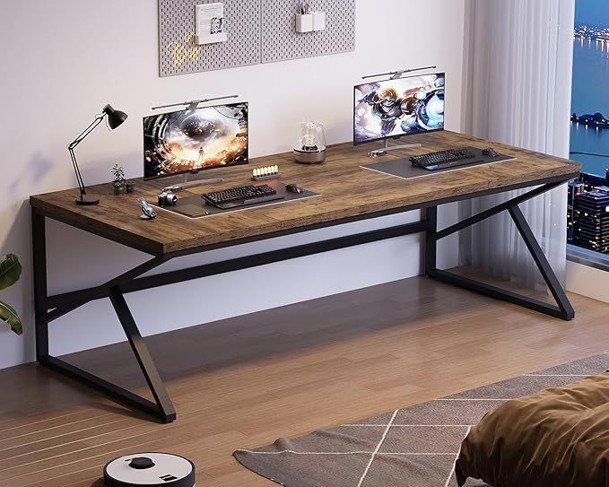 HSH Large Rustic Brown Computer Desk, 78 Inch Extra Long Metal Wood Desk for Home Office, Two Person Executive Writing Study Gaming Desk Table, Bedroom Living Room PC Laptop Dual Monitor Desk