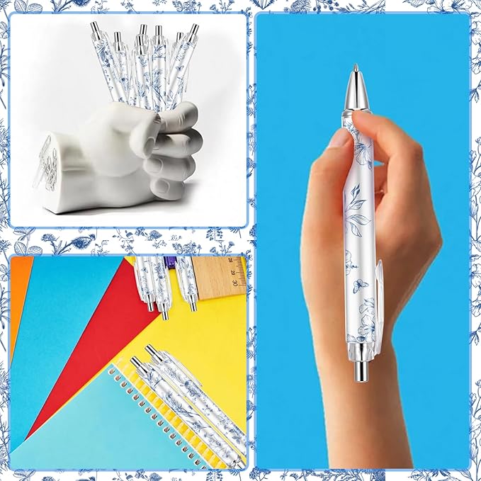 10PCS Blue and White Porcelain Pen 0.5mm Black Ink Fancy Pens Smooth Writing Retractable Ballpoint Pens for Journaling Aesthetic Office Supplies (BlueandWhitePorcelain, 10)