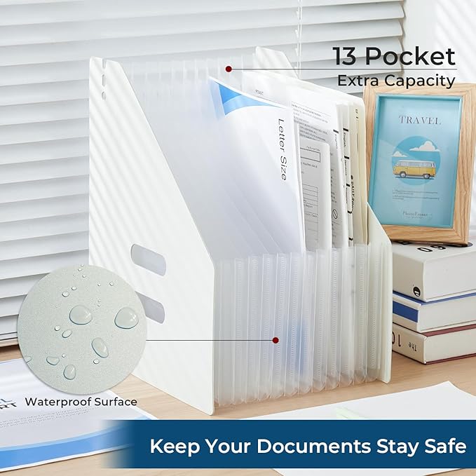 Y YOMA 2 Pack Expanding Magazine Holder with 13 Pockets | Portable Desktop Plastic Self Standing Accordion File Organizer for A4 Letter Size Document Storage Home Office School, Grey