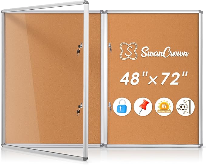 SWANCROWN Enclosed Bulletin Board 48x36 in, Tamperproof Lockable Cork Board Wall Display Case for Office School Home, Aluminum Frame, 2PCS