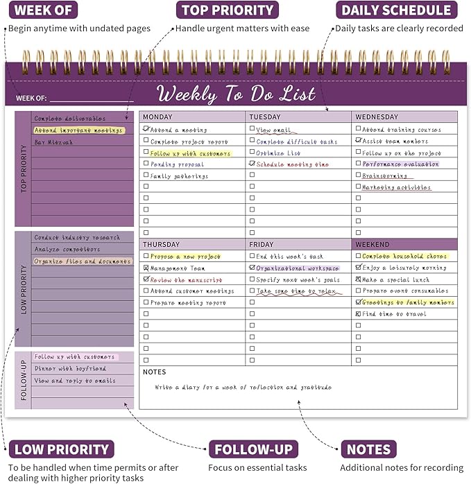 Weekly To Do List Notepad, 52 Undated Sheets （8.5"×11") Duplex-printed Weekly Planner Notepad For Work Home School Office Desk Accessories Supplies & Goal Setting Tasks - Purple