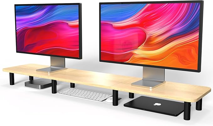Large Extra Long Monitor Stand Riser 43.7in,Dual Monitor Riser, Wide TV Stand for 2 Monitors, Wood & Steel Leg Adjustable Height Desktop Riser, Home Office Organization. (Natural)