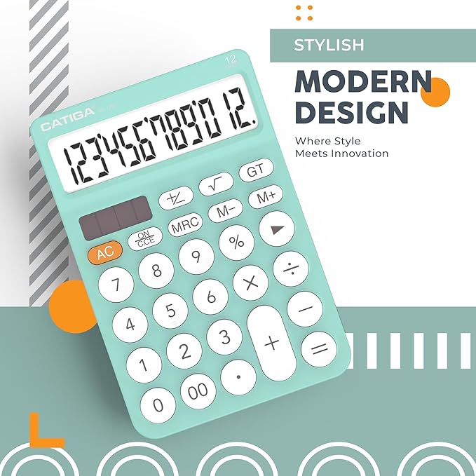 CATIGA 12 Digit Desktop Calculator Basic Desk Calculator with Large LCD Display, Big Buttons, 4 Function, Solar and Battery Dual Power, for Office, School, Home, SD-1292 Fresh Blue