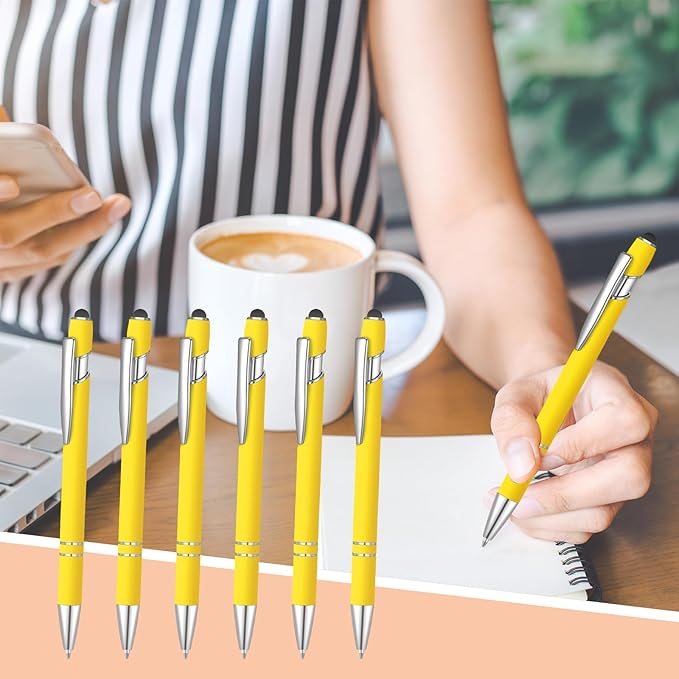 24 Pcs Blue Ink Ballpoint Pen with Stylus Tip 2 in 1 Ballpoint Pen 1.0 mm Blue Ink Metal Stylus Pen for Touch Screens Coworkers, Family, Colleagues, Office (Yellow)