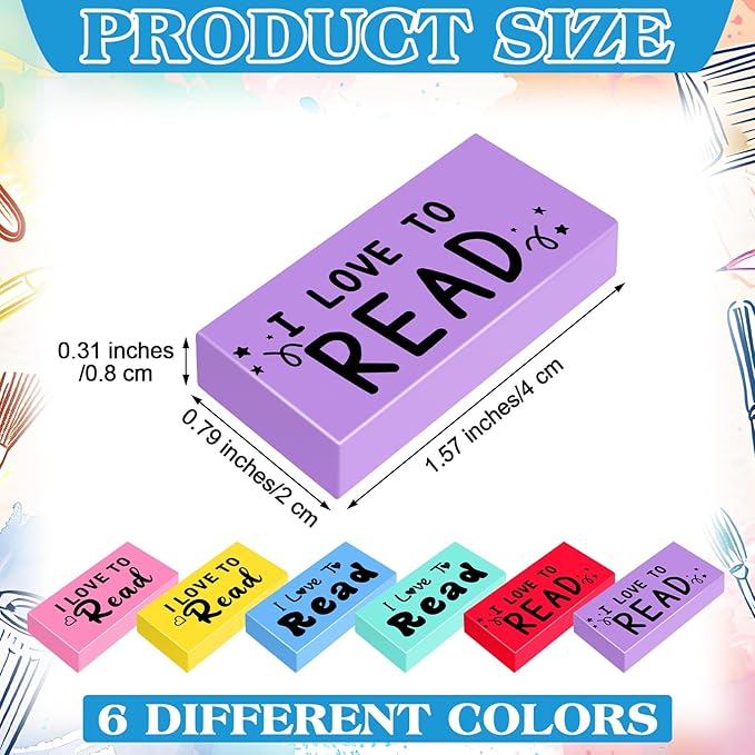 200 Pcs Inspirational Erasers for Kids Back to School Gifts I Love to Read Small Colorful Pencil Erasers for Students Classroom Cute Motivational Gift for Drawing School Office Supplies