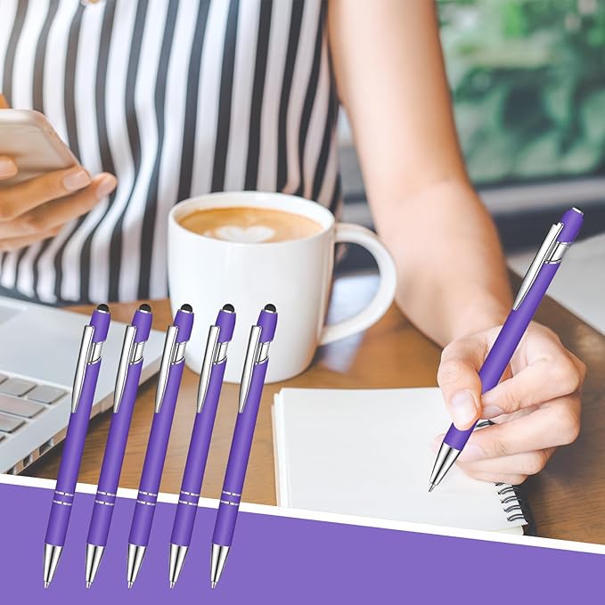 24 Pcs Blue Ink Ballpoint Pen with Stylus Tip 2 in 1 Ballpoint Pen 1.0 mm Blue Ink Metal Stylus Pen for Touch Screens Coworkers, Family, Colleagues, Office (Purple)