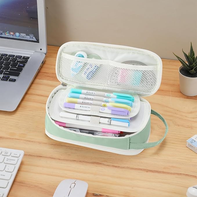 Pencil Case Large Zipper Pencil Pouch for Girls Kids Teens Adults Aesthetic Pencil Bag Stationery Organizer Pencil Case with Handle for School Green