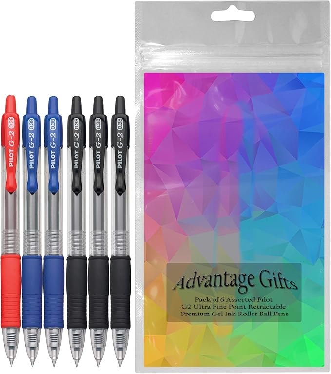 G2 Retractable Premium Gel Ink Roller Ball Pens Ultra Fine Point (.38mm) Black/Blue/Red Ink 6 pack; Refillable & Premium Comfort Grip Bundle with Plastic Reusable Pouch