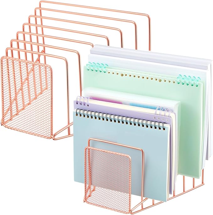 2 Pcs 7 Slot Incline File Sorter Metal Wire Mesh File Racks for Desktop Letter Sorter for Magazine Folder Book Organizer Home Office School Paper Mail Desk Storage Holder (Rose Gold)