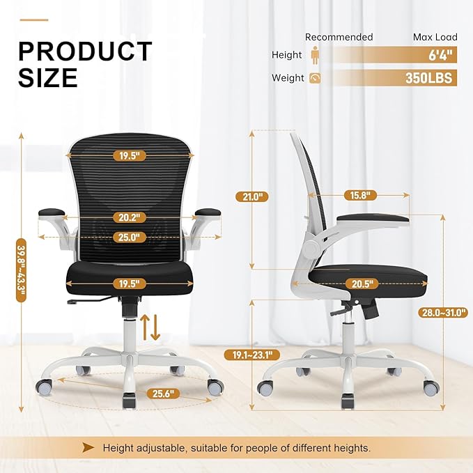 Office Chair, Ergonomic Desk Chairs 330LBS Capacity High Back Mesh Computer Chair with Flip-up Armrests, Comfy Work Chair with Adjustable Lumbar Support, Rolling Chair