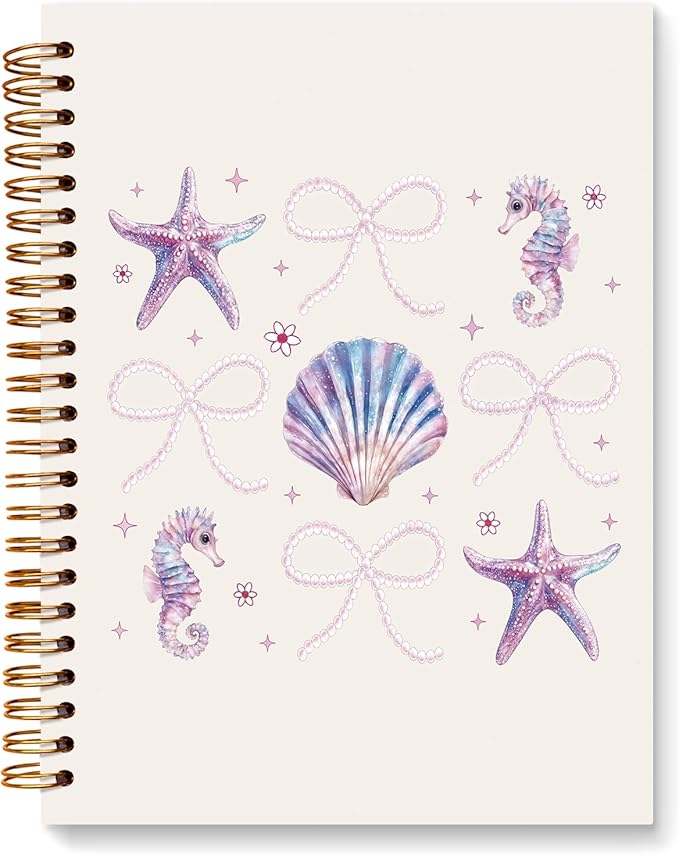 JXREQ Cute Purple Coquette Bow Seashell Notebook Coastal Journaling Notebooks for Women Note Taking, Trendy Preppy Journal for Women Teen Girls, Office School Supplies Spiral Notebooks 5.5x8.3
