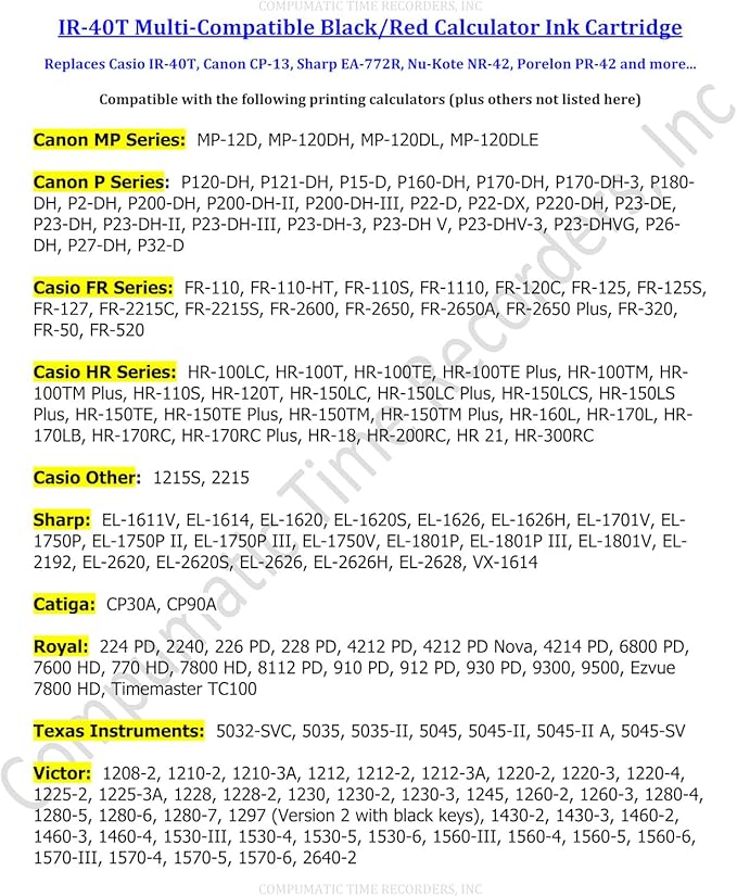 (6 Pack) COMPUMATIC Compatible/Replacement Calculator Ink Roller, Black/Red IR-40T, for Casio HR-300RC HR-200RC HR-170RC HR-150RC HR-100RC HR-100TM HR-150TM and More