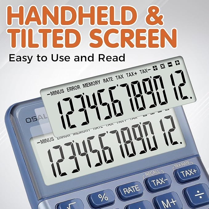 Pendancy Office Small Calculator Desktop with Tax+/- for Tax Calculation, 12 Digit Large LCD Display, Solar Battery Power, Durable Portable Design, Financial Accounting Business Home Use(OS-200T-Blue)