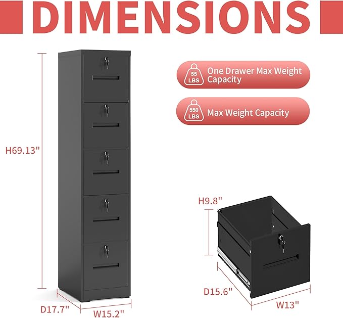 5 Drawer Metal File Cabinet with 5 Unique Locks Heavy Duty Locking File Cabinets Home Office Steel Filing Cabinet Vertical File Cabinets for Legal/Letter Size File,Assembly Required
