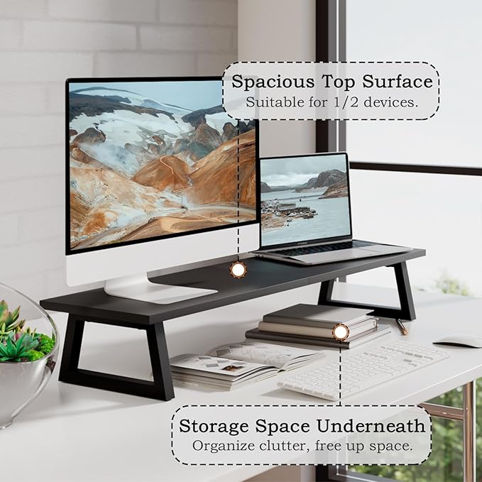 TEAMIX 31.5 inch Dual Monitor Riser, Long Black Monitor Stand Riser Wide TV Stand Riser Monitor Stand for 2 Monitors Wood & Steel Desktop Riser Desk Organization Home Office