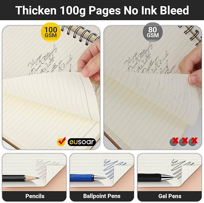 EUSOAR Spiral Notebook 5 Subject, 3pcs B5 7.3"x10.2" College Ruled Writing Pad, Thick Hardcover, 100GSM 120Sheets/ 240Pages of Lined Paper, for Journals, Students, Office and Business, Kraft