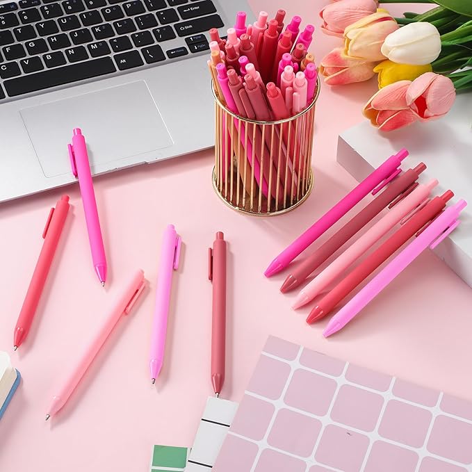 100 Pcs Ballpoint Pens Bulk Retractable Writing 1. 0 mm Black Ink Cute Pens Smooth Writing Color Fancy Gift for Teacher Student Employee Office School Home Baby Shower Supplies (Pink Series)