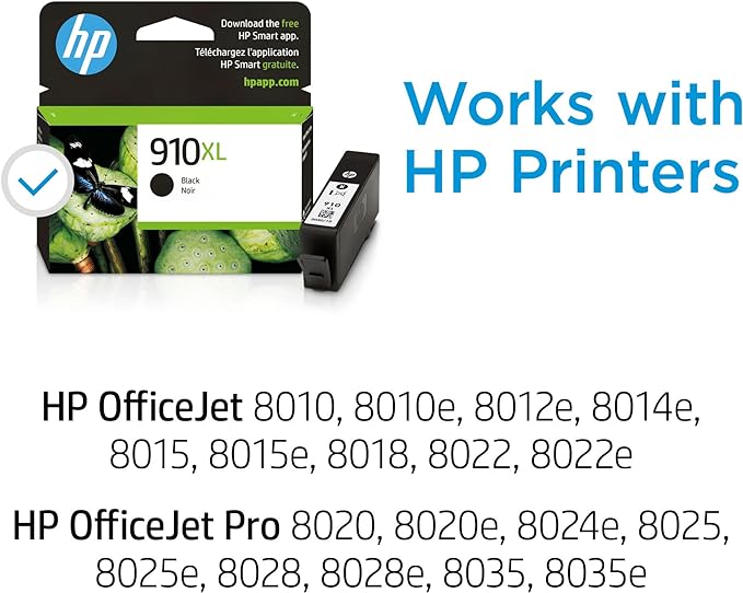 HP 910XL Black High-yield Ink Cartridge for HP Printers | Works with Printer Series: OfficeJet 8010, 8020; OfficeJet Pro 8020, 8030 | Eligible for Instant Ink | 3YL65AN