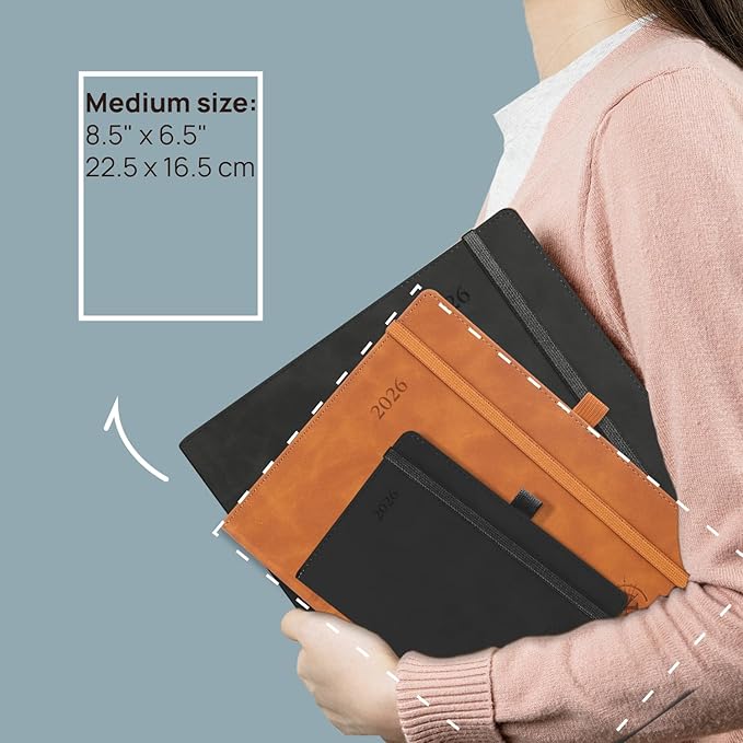 POPRUN Weekly Planner 2026 (Medium 6.5" x 8.5") Calendar 12 Months Notebook with Horizontal Layout, Leather Soft Cover, Monthly Tabs, Inner Pocket, 100GSM Thick Paper, Pen Holder - Cerulean Blue