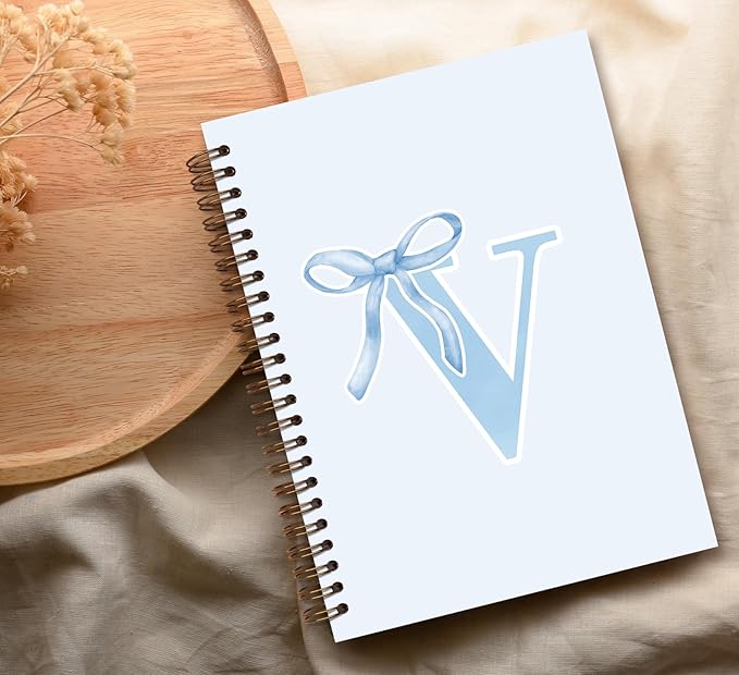 Initial V Notebook Journal,Personalized Teen Girl Gifts,Coquette Trendy Preppy Blue Bow Spiral Notebook,Monogrammed Gifts for Women Teen Girl,College Ruled Hardcover Spiral Notebook 5.5 x 8.3