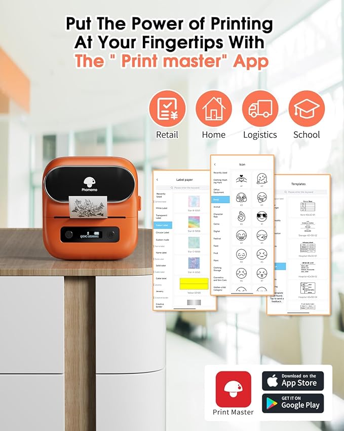 Phomemo M220 Label Printer, Barcode Printer, Bluetooth Thermal Label Maker Machine for Barcodes,Name,Address,Clothing Labeling,for Office Home,Compatible with Phones and Some PC Orange