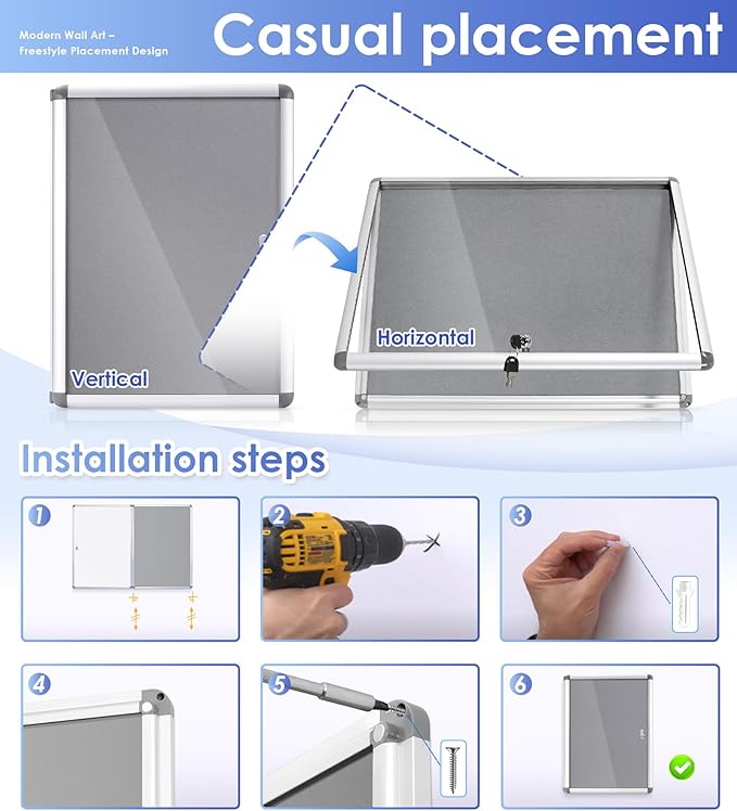 SWANCROWN Enclosed Bulletin Board Lockable Noticeboard Case with Aluminium Frame,Grey Felt, 20x14inch (2xA4)