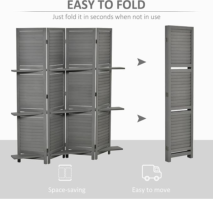 NicBex Room Divider 4 Panel Room Dividers with Storage Shelves Partition Room Dividers and Folding Privacy Screens 5.6 FT Wall Divider for Home, Office, Room Separation,63.75"W x 0.75"D x 67"H, Gray