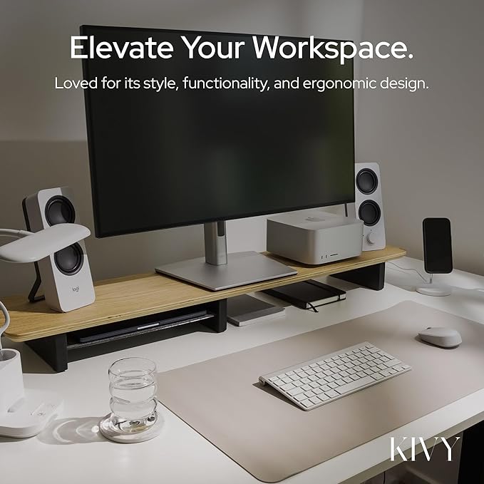 KIVY Dual Monitor Riser with Integrated Metal Shelf - Wooden desk shelf for top of desk - Wood monitor stand for desk 2 monitors / tv - Dual monitor stand riser for desk - Large walnut monitor stand