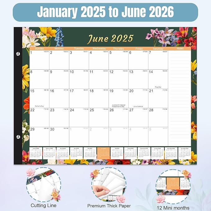 Gannyfer Desk Calendar 2025-2026, Large 22"x17" Desktop Calendars 18 Month Jan 2025 - Jun 2026, Monthly Planner Pad with Plastic Cover -Dark Floral