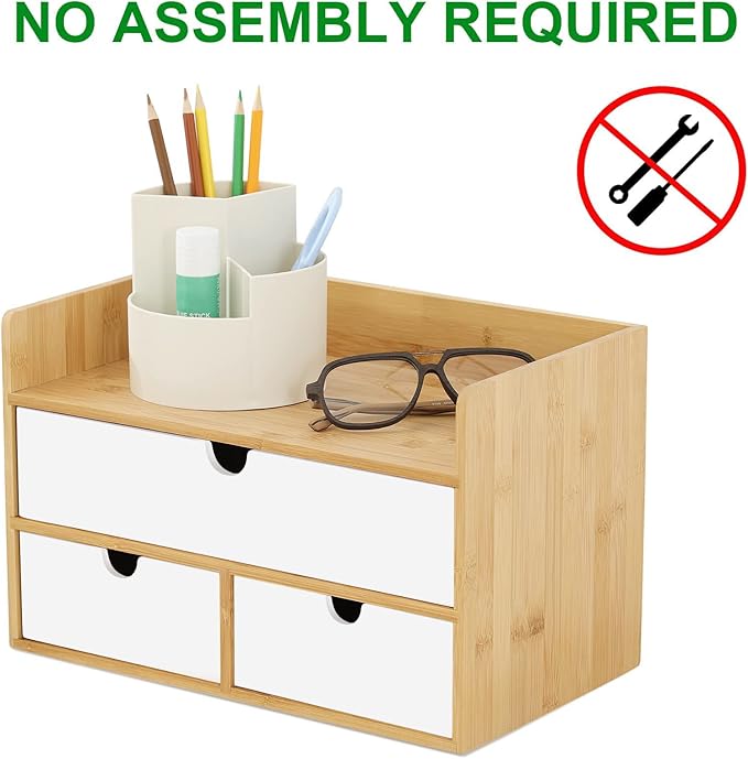 Wisuce Desk Organizer with Drawers - Bamboo Desktop Organizer Storage | Natural-White Wood Desk Drawers Organizer for Bills, Office Supplies, Cosmetics, Seals No Assembly Required