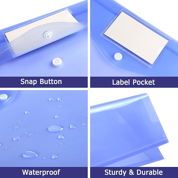 6 Pack Clear Document Folders Plastic Envelopes Poly Envelopes File Envelopes with Label Pocket and Snap Button for Home Work Office Organization, Letter Size/A4 Size, 6 Colors