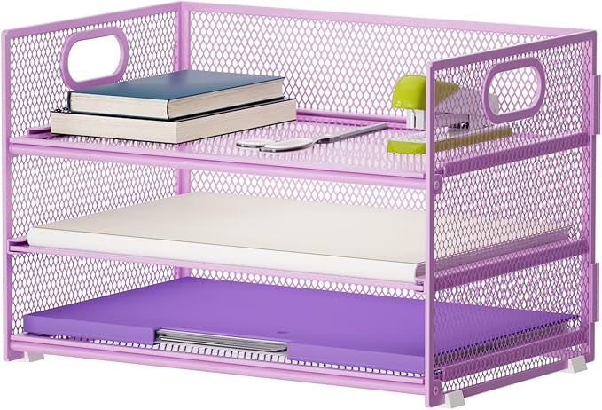 Marbrasse 3 Tier Paper Organizer Letter Tray, Mesh File Organizer with Handle, Paper Sorter Desk Organizer for Home Office Supplies(Purple)