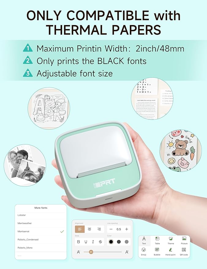 iDPRT Portable Sticker Maker Machine with 1 Roll Sticker Paper, Mini Printer Efficiently and Quickly, Thermal Printer for Study Notes, Pictures, DIY, Label, Free App with Multiple Templates, Green