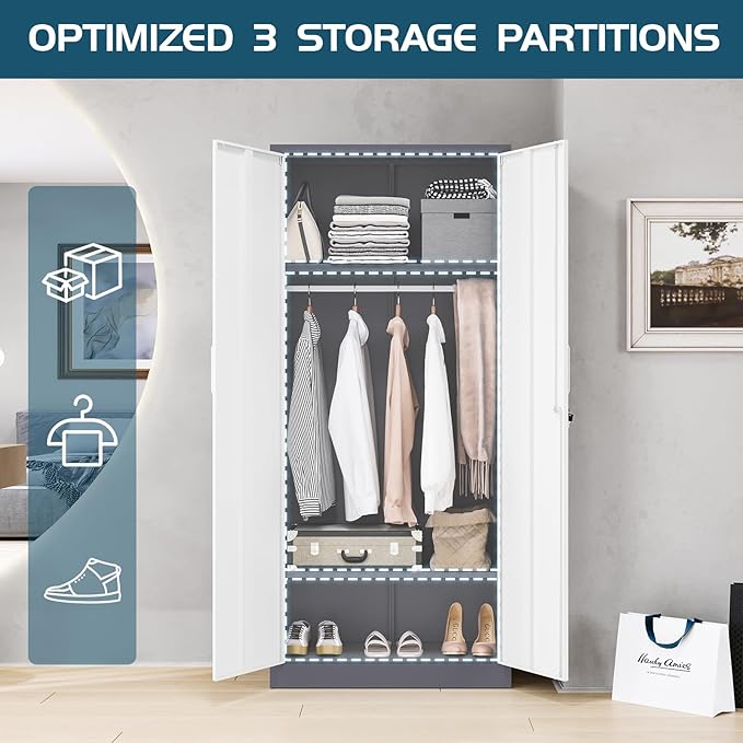 MIIIKO Wardrobe Closet with 2 Doors, 72" Metal Wardrobe Cabinet with Hanging Rod for Bedroom Laundry Room and Office, Clothes Storage Organizer Cabinets with Locking Door and Shelf