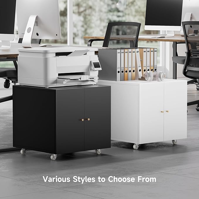 Warmiehomy Metal Printer Stand with Storage Mobile Printer Tables for Small Spaces with Door Adjustable Shelf File Cabinet on Wheels for Home Office (Black)