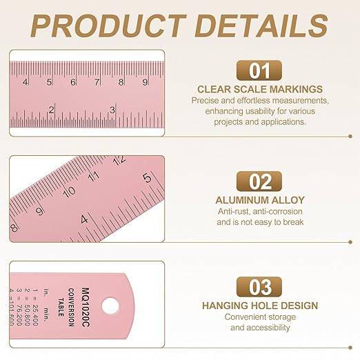 HARFINGTON 4pcs Metal Straight Ruler 15cm Metric SAE Aluminum Alloy Measuring Rulers Scale Tool with Hole for Measure Study Reading Classroom Office, Pink