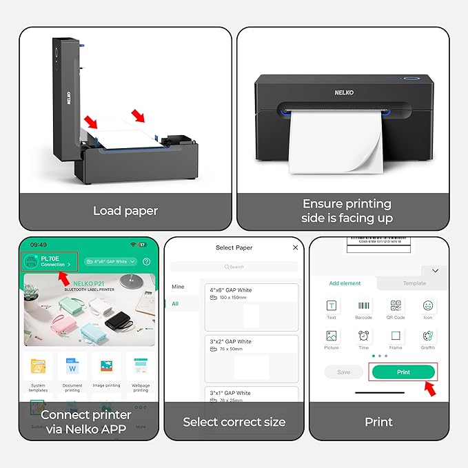 Nelko Bluetooth Thermal Shipping Label Printer, Wireless 4x6 Shipping Label Printer for Shipping Packages, Support Android, iPhone and Windows, Widely Used for Amazon, Ebay, Shopify, Etsy, USPS