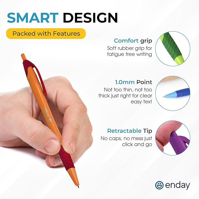 Enday Pens Bulk (75 Pack), Retractable Ball Point Pens Black Ink, Medium Point (1.0mm), Comfortable Grip, Smooth Writing Pens for School & Office