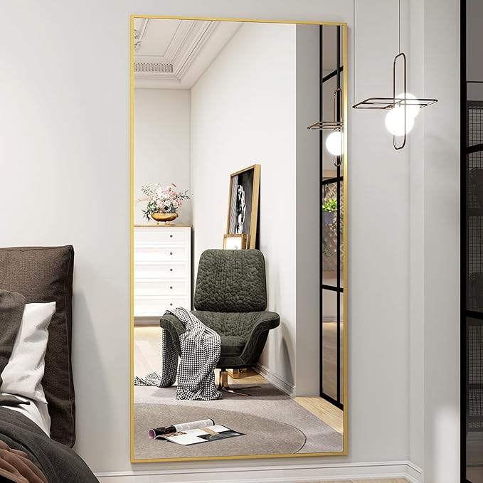 Extra Large 71"x30" Full Length Mirror - Standing, Hanging, or Leaning Rectangle Mirror for Wall or Floor - Wall-Mounted Full Body Dressing Mirrors with Aluminum Alloy Frame for Living Room - Gold