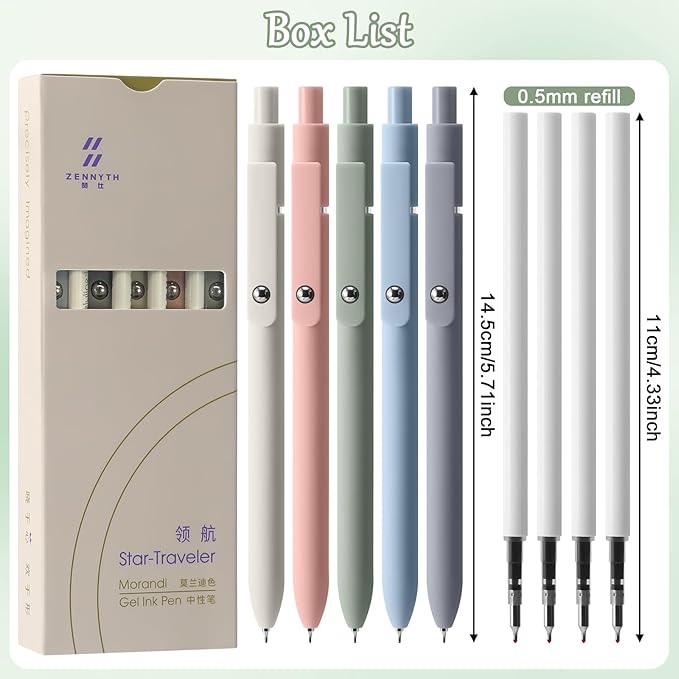 Gel Pen-5 Pieces/Carton, Pen 0.5 Mm Black Ink, Comes With 4 Interchangeable Original Black Refills, This Cute Pens Or Daily Use In School, Office Or Home ((Morandi Gel Pens)