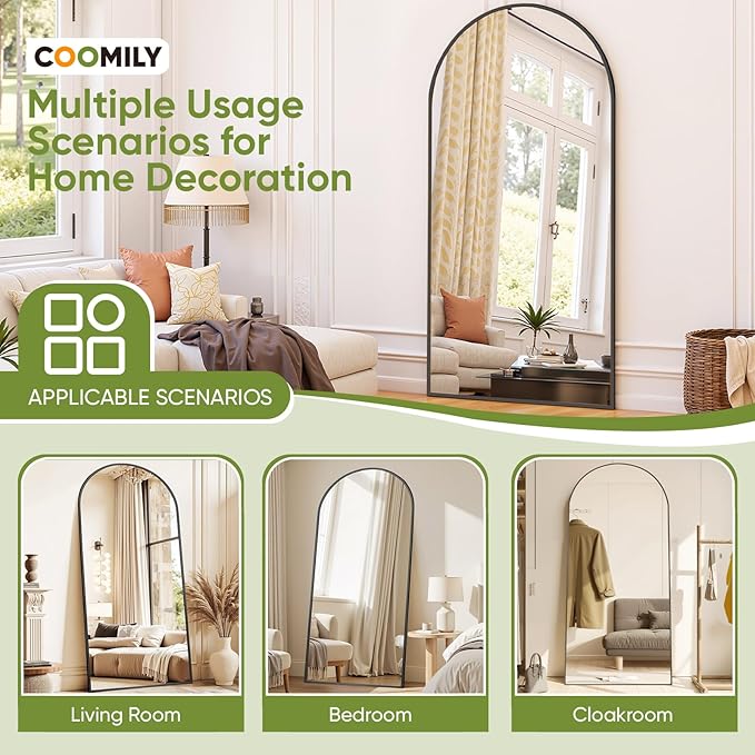 Full-Length Floor Mirror with Stand, 81"x41" Arched Style Full Body Standing Mirror for Bedroom, Living Room, Gym, Dorm - Shatter-Resistant & Easy Assembly, Black