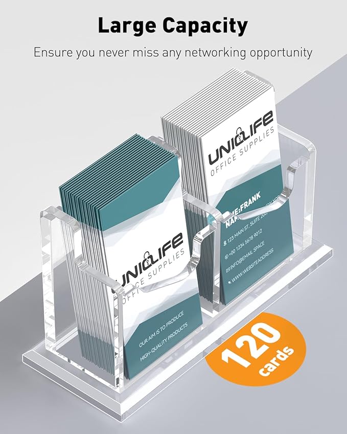 Uniclife Acrylic Business Card Holder for Desk 2 Slot Clear Vertical Business Card Display Stand for Men and Women Desktop Name Card Organizer Card Stand for Office Home Exhibition, 120 Card Capacity