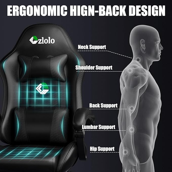 Gaming Chair, Ergonomic Office Computer Chair with Footrest and Lumbar Support Massager Racing Style High Back Video Gamer Chair, Wide＆Thick Cushion, 90°-135° Recline, Adjustable Height, Black