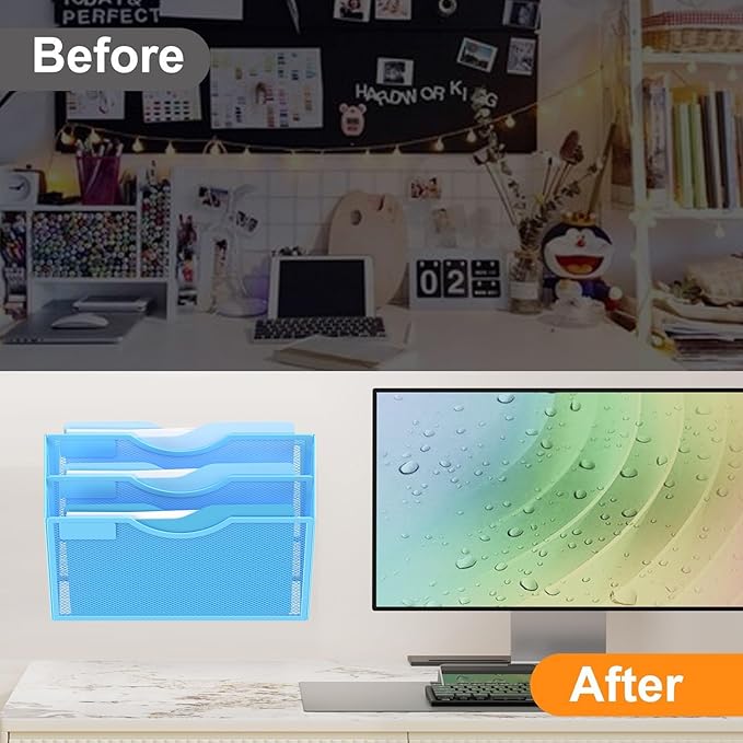 Kuntine.B Wall File Organizer Office Hanging Magazine Holder Wall File Organizer for Office Home (Blue, 3 Tier)